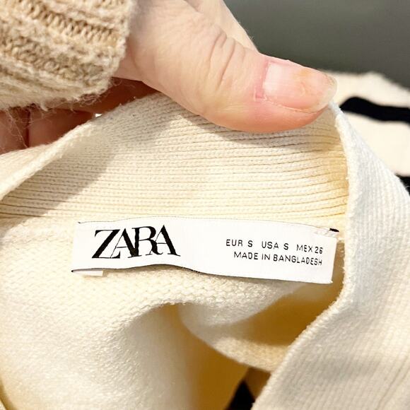 Zara Striped Long Sleeve V-Neck Button Front Cardigan Sweater Cream Navy Small - Picture 2 of 6